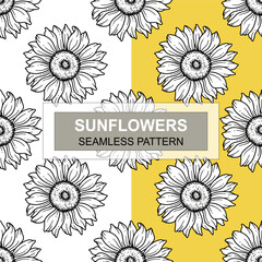 Sunflower Seamless Pattern. Floral Seamless Background. Line Art Flower Seamless Patterns with Greenery. Outline Seamless floral background. Line Drawing Floral Background