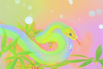 A colorful, stylized snake with a vibrant gradient of pastel hues, including pink, blue, green, and yellow.