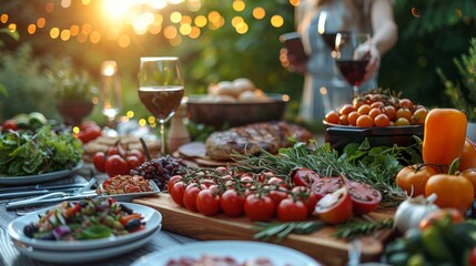 Friends taking group selfie outdoors at a dinner table, capturing a memorable moment
