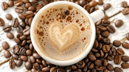 White to-go coffee cup placed on a bed of roasted coffee beans, highlighting the freshness and abundance of coffee..