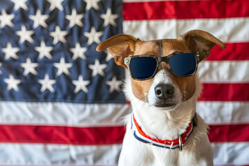 A trendy dog wearing sunglasses and an American flag, perfect for celebrating Independence Day or adding some patriotic flair to any summer event or outfit.