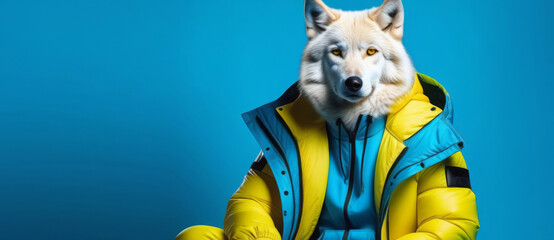 Stylish realistic white wolf sitting dressed in yellow winter suit with hood in neon light on blue background, 3D rendering, neon light studio on background. Creative concept for advertising banner