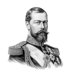 Black and white vintage engraving, close-up headshot portrait of Tsar Nicholas II (Nikolai Alexandrovich Romanov), the famous historical Russian Emperor of Russia, white background, greyscale