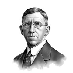 Black and white vintage engraving, close-up headshot portrait of Frederick Banting, the famous historical Canadian Nobel prize pharmacologist, orthopedist, and surgeon, white background, greyscale