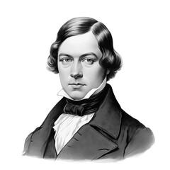 Black and white vintage engraving, close-up headshot portrait of Robert Schumann, the famous historical German composer, pianist, and music critic of the Romantic era, white background, greyscale