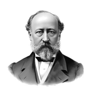 Black and white vintage engraving, close-up headshot portrait of Camille Saint-Sa&euml;ns, the famous historical French Romantic composer, organist, conductor and pianist, white background, greyscale