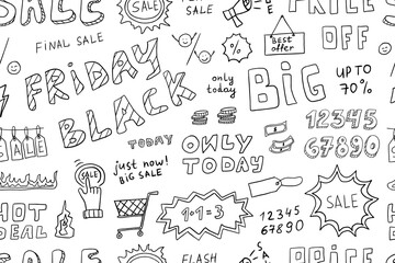 Seamless pattern of shopping retail sale and discount in doodle style. Numbers, tags, frames, sale lettering, promotion, labels sketch. Hand Drawn. Vector illustration isolated on white background.