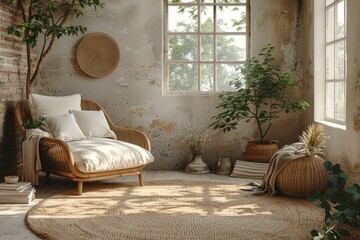 Interior design with wicker chair, rug, plants, window in living room