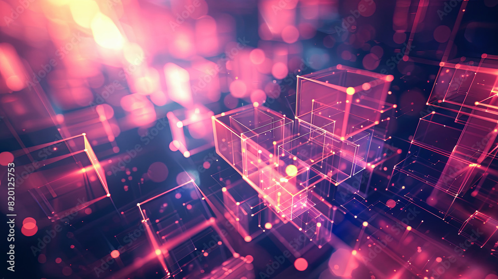 Poster abstract technology background with glowing cubes. 3d rendering toned image