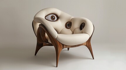 A creatively designed chair featuring eyes and a triad of legs, creating a striking visual impact in a high-definition image.