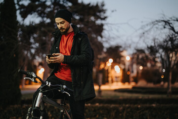 A young man stands by his bicycle in a park, engrossed in his smart phone under the glow of evening...