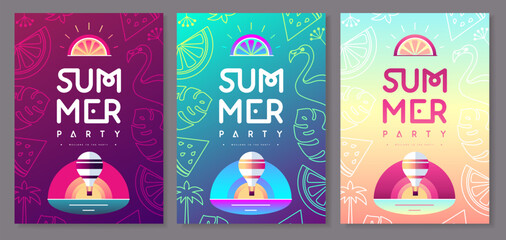 Set of fluorescent flat summer disco party posters with hot air balloon. Vector illustration