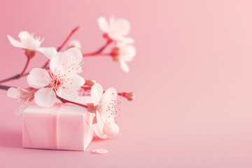 gift box and branch of cherry blossoms. for presentation, season banner beauty, sakura holiday event.