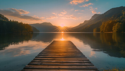 Obraz premium Stunning sunset at tranquil mountain lake with wooden pier