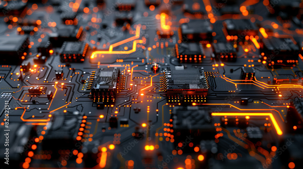 Poster circuit board close-up. electronic computer hardware technology. 3d rendering