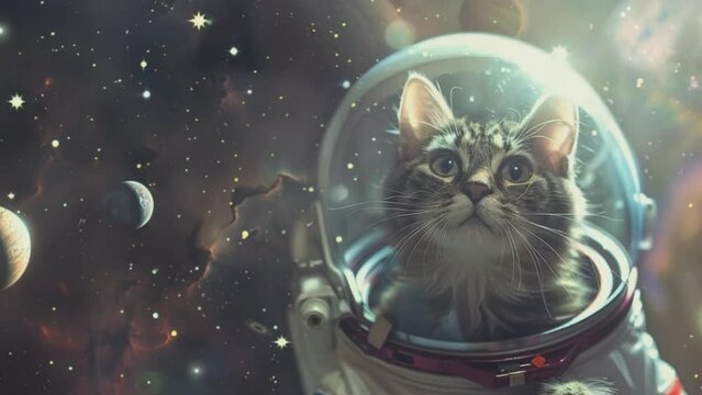 Cute cat or kitten in a spacesuit in space against the background of stars and planets.