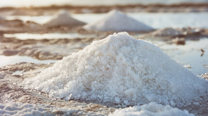 Sea salt farm. Pile of white salt.	