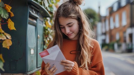 Teenage girl on vacation mailing postcards from UK mailbox - Powered by Adobe