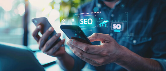 SEO Search Engine Optimization concept. Men use smartphone with SEO icons for promoting ranking traffic on websites and optimizing their websites to rank in search engines or SEO.