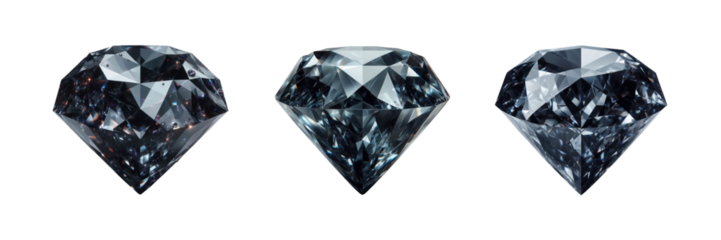 Set of three Black color crystal diamond, isolated over on transparent white background