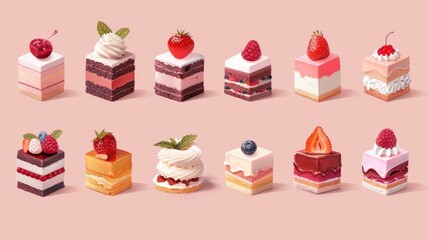 Variety of colorful miniature fruit cakes, each topped with different fruits and frosting, displayed on a pink background.

