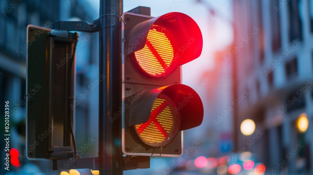 Poster Traffic light with a no turn on red sign, indicating traffic rules and regulations at a busy corner.