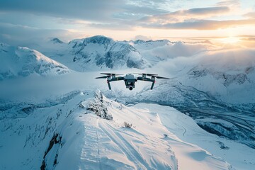 A drone is flying over a snowy mountain range