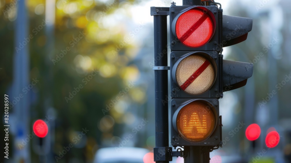 Poster Traffic light with a no turn on red sign, indicating traffic rules and regulations at a busy corner.