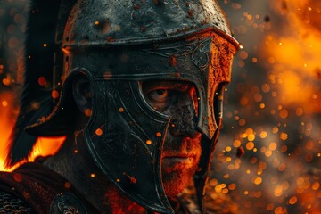 A spartan warrior stands in the middle of a battlefield, his armor is dented and scratched from battle, he looks around at the carnage that surrounds him.
