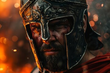 A battle-weary Roman soldier gazes upon the carnage of war. His armor is dented and his face is bloodied, but his eyes still burn with determination.