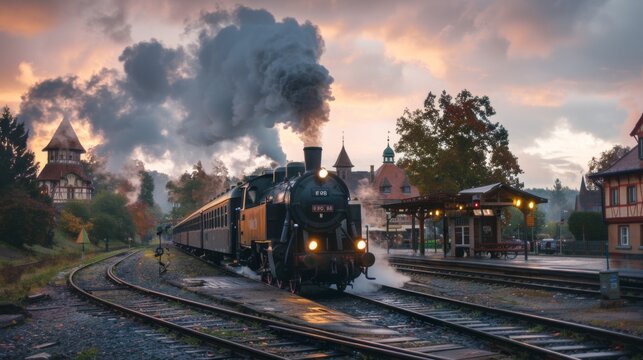 Travelers boarding a vintage steam train for a nostalgic journey through scenic countryside and charming towns.