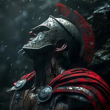 A spartan warrior stands in the rain, his face is bloodied and his armor is dented. He looks up at the sky and roars in defiance.