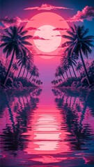 Surreal Neon Sunset Over Tropical Paradise with Palm Trees Wallpaper