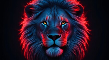 Majestic Lion in Neon Colors Against Dark Background