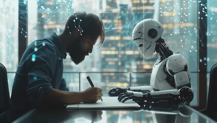 A man and an AI robot in front of a window, writing on paper with holographic technology