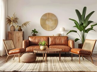Beige living room interior with brown leather sofa, armchair and coffee table near wooden cabinet with plants on beige carpet