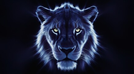 Majestic Lion in Cool Blue Neon Glow on Dark Background