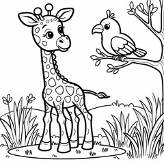 Naklejka premium Cartoon Giraffe and Bird Coloring Page
