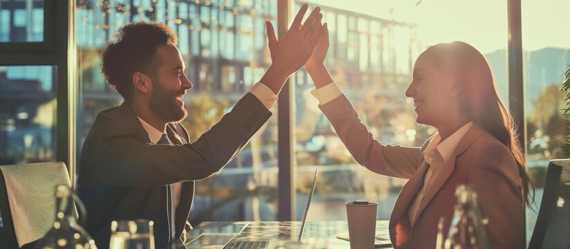 Image of two colleagues highfiving in a professional office setting, symbolizing business success and teamwork. Sunlight coming through a window, creating a bright and positive work environment