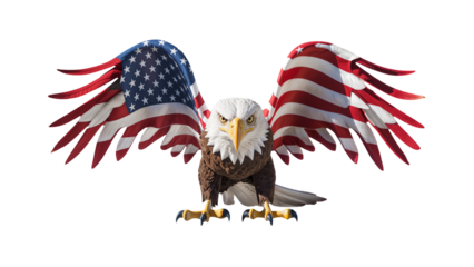 Bald eagle png with his wings spread flying, american flag colors on his wing, independence day concept, patriotic, isolated on white or transparent background