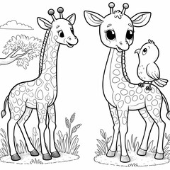 Naklejka premium Cartoon Giraffe and Bird Coloring Page