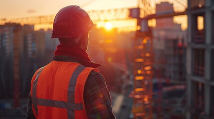 Fototapeta premium engineer wearing a helmet and safety vest, stands on a construction site with steel frames in the background