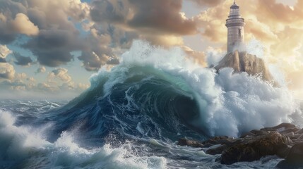 Giant water wave crashing into rock with lighthouse on top