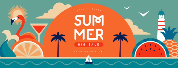 Retro flat summer big sale poster with flamingo, tropic fruits and mermaid tail. Vector illustration