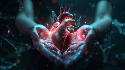 Glowing human heart in hands, Generative AI illustration