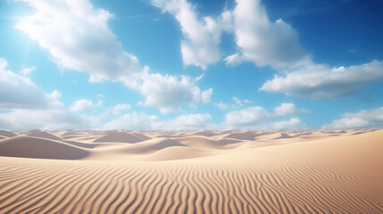 Fototapeta premium Sand dunes under blue sky with white clouds, peaceful desert landscape