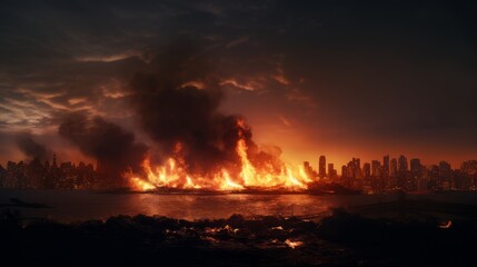 Fototapeta premium Big fire burning in the city at night.