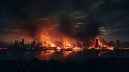 Big fire burning in the city at night.