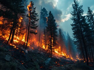 Forest fire in the forest at sunset. Natural disaster. Burning pine forest.