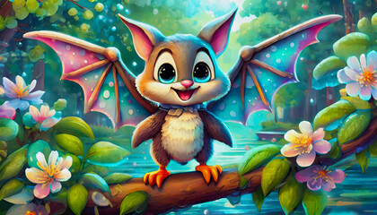 oil painting style Cartoon character a cute bat, 